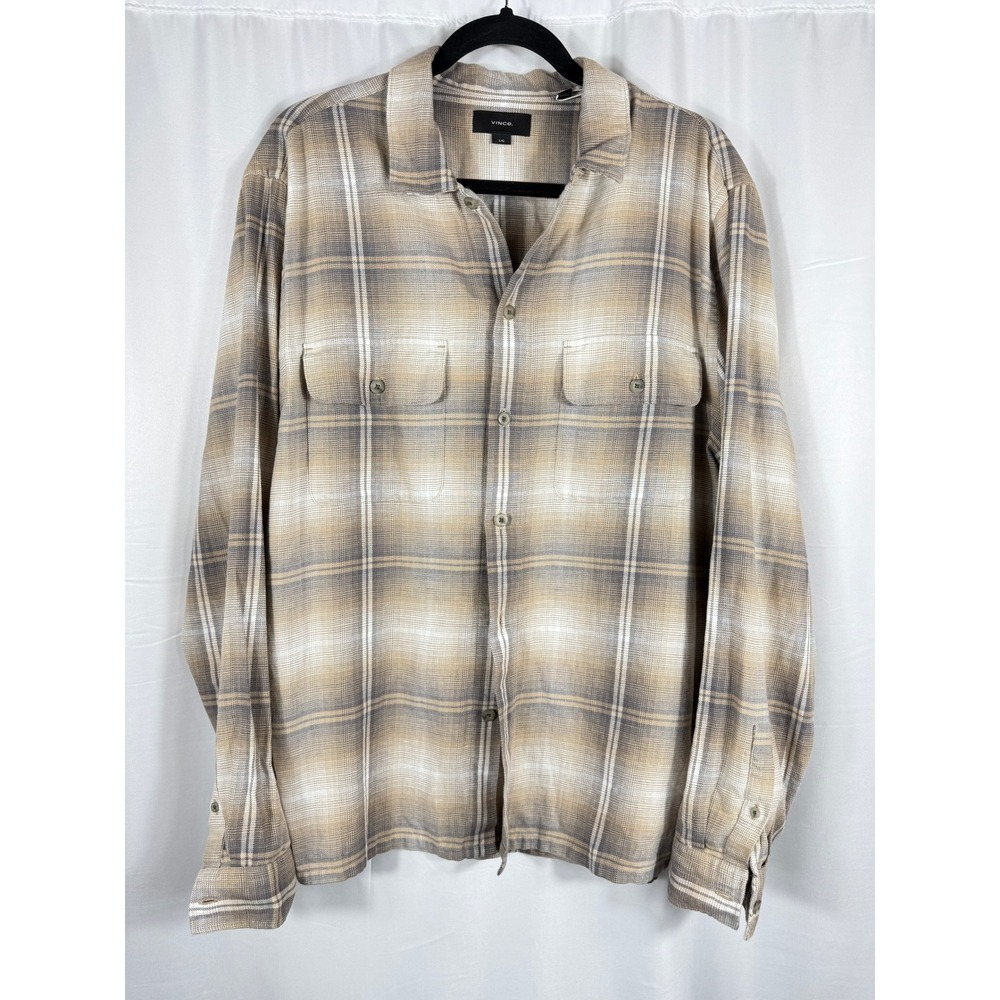 Vince Mens Plaid Cotton Hemp Button Down Shirt Tan‎ Grey M04311578 Size L NWT